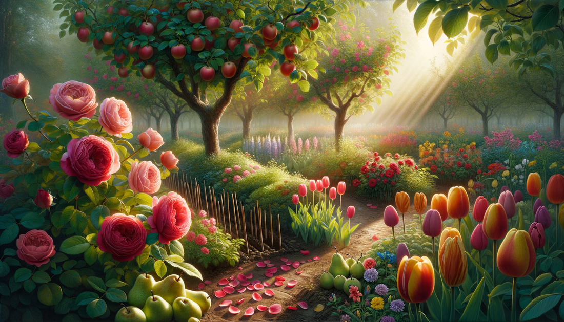 sunny garden rows of fruit trees, roses and tulips growing in rich soil