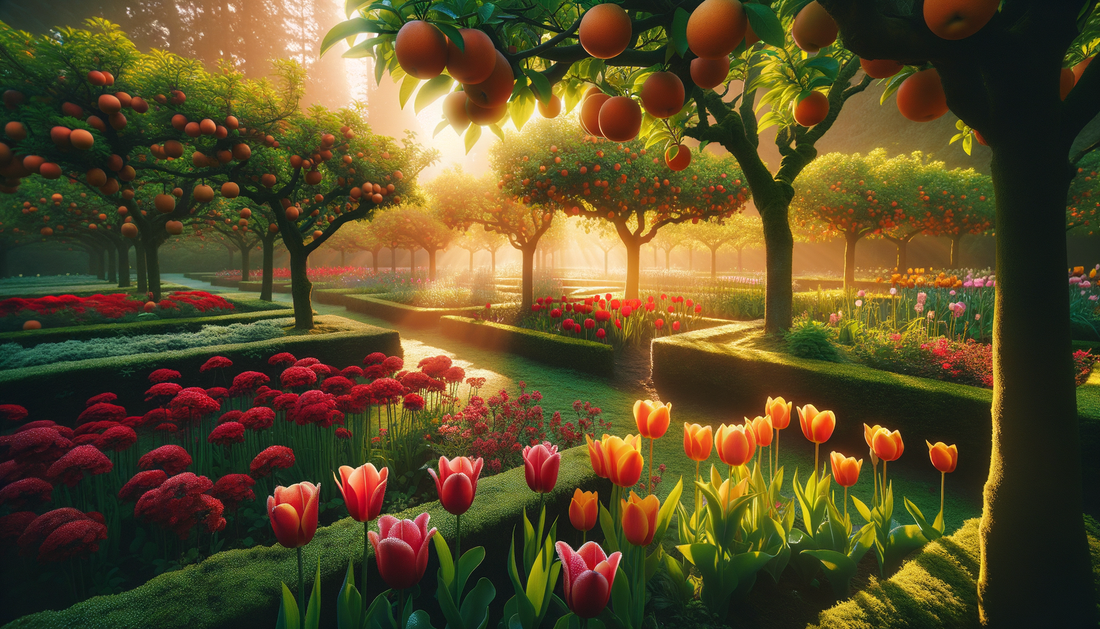 sunny garden with fruit trees, tulips, and roses in vibrant, healthy rows