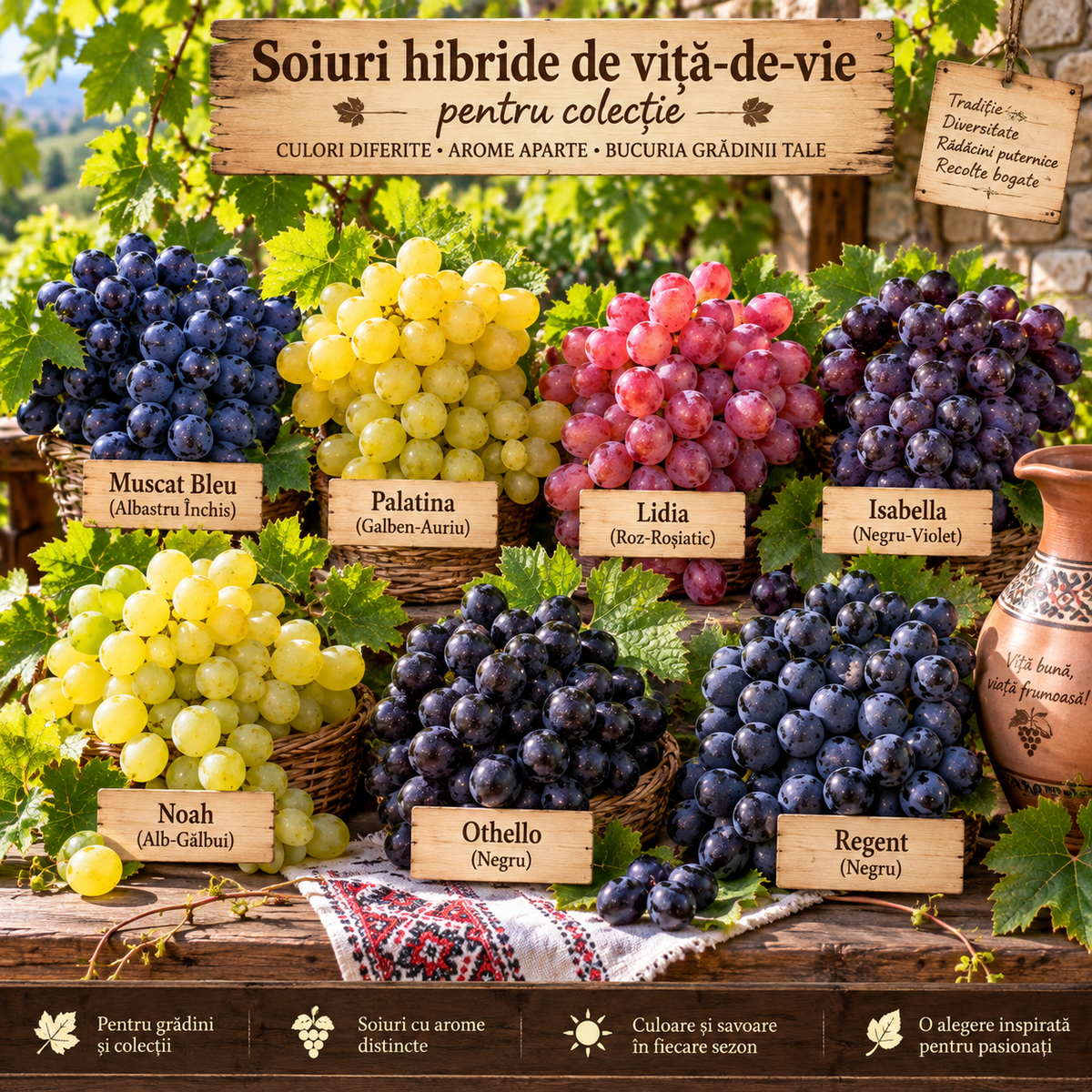 Colecție de soiuri hibride de viță de vie, butași rezistenți și productivi, potriviți pentru grădini și plantații, cu varietăți adaptate diferitelor condiții de cultivare și întreținere ușoară