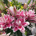 Bouquet of pink double oriental lilies with white edges and green buds in a vase