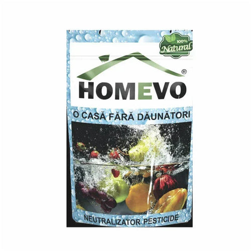 Пакет нейтрализатора пестицидов HOMEVO с изображением фруктов в воде, надписи о натуральном продукте