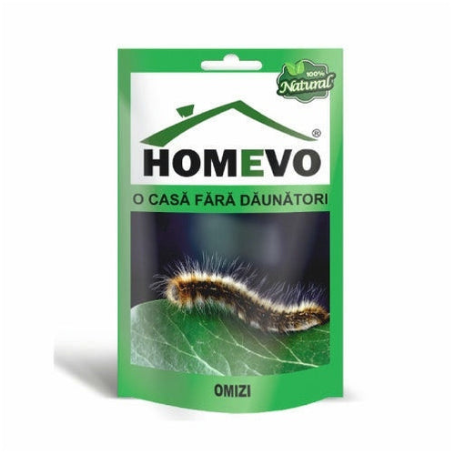 Средство против гусениц HOMEVO, изображение упаковки с гусеницей на листе, натуральный продукт