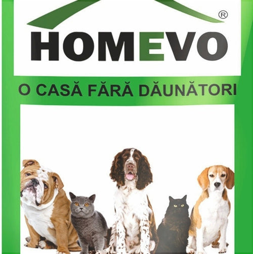 Упаковка Homevo для домашних животных, изображены две кошки и три собаки на белом фоне