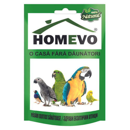 Упаковка Homevo для здоровья экзотических птиц, изображены попугаи и декоративные птицы