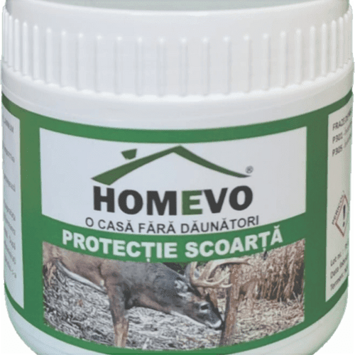 Банка Homevo защита коры деревьев, зелёная этикетка, фото оленя на упаковке