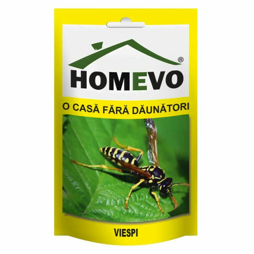 Упаковка средства против ос HOMEVO, фотография осы на зеленом листе