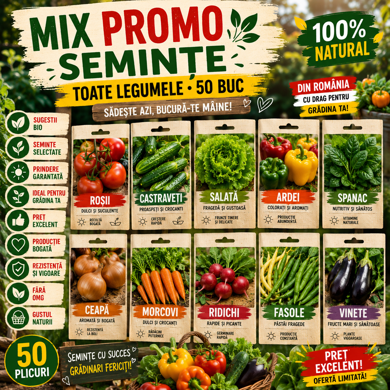🌱 MIX PROMO SEMINȚE - TOATE LEGUMELE 50 BUC